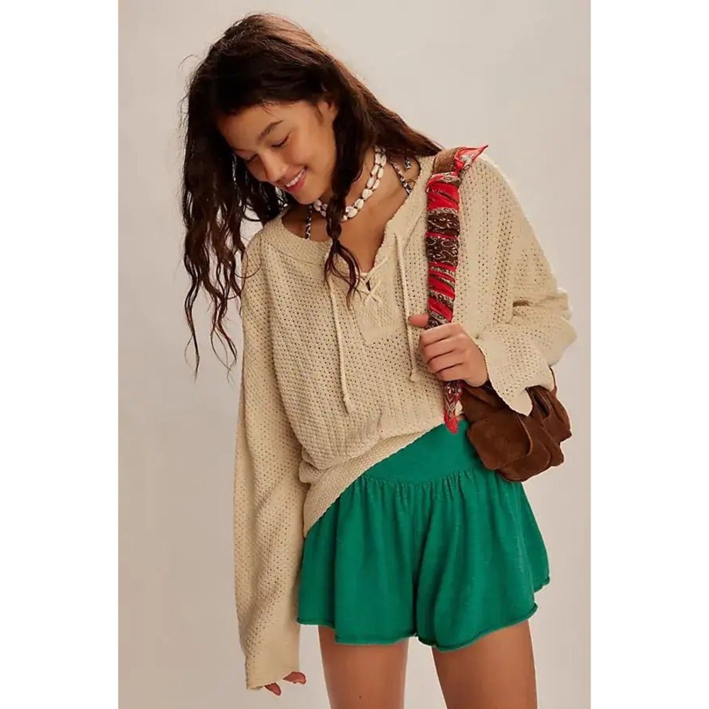 Free People Free-est Cruz Knit Cotton-Linen Blend Mini Shorts M Beachy Flowy